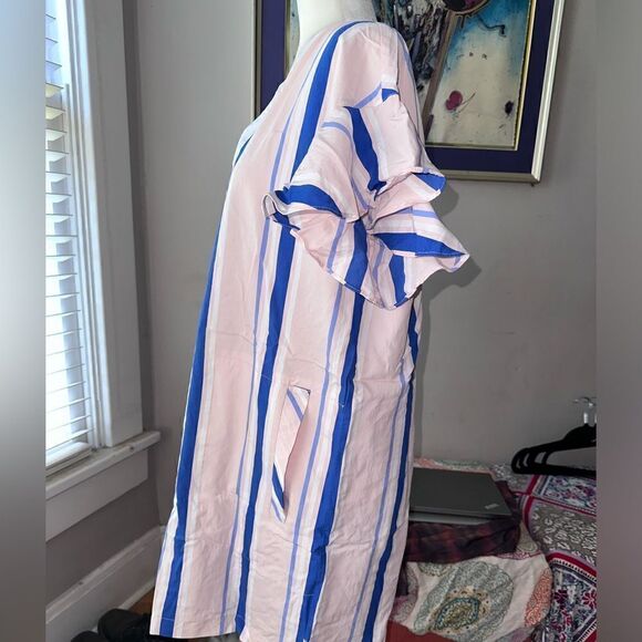 PEARL by Lela Rose Striped Ruffle Sleeve Pink Blue Designer Sheath Mini Dress S - Picture 5 of 12